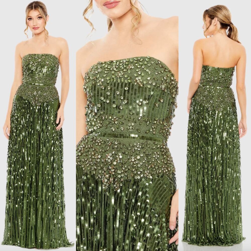Mac Duggal Strapless Hand Embellished Beaded A Line Gown In Emerald 93915 14 New - Picture 1 of 15